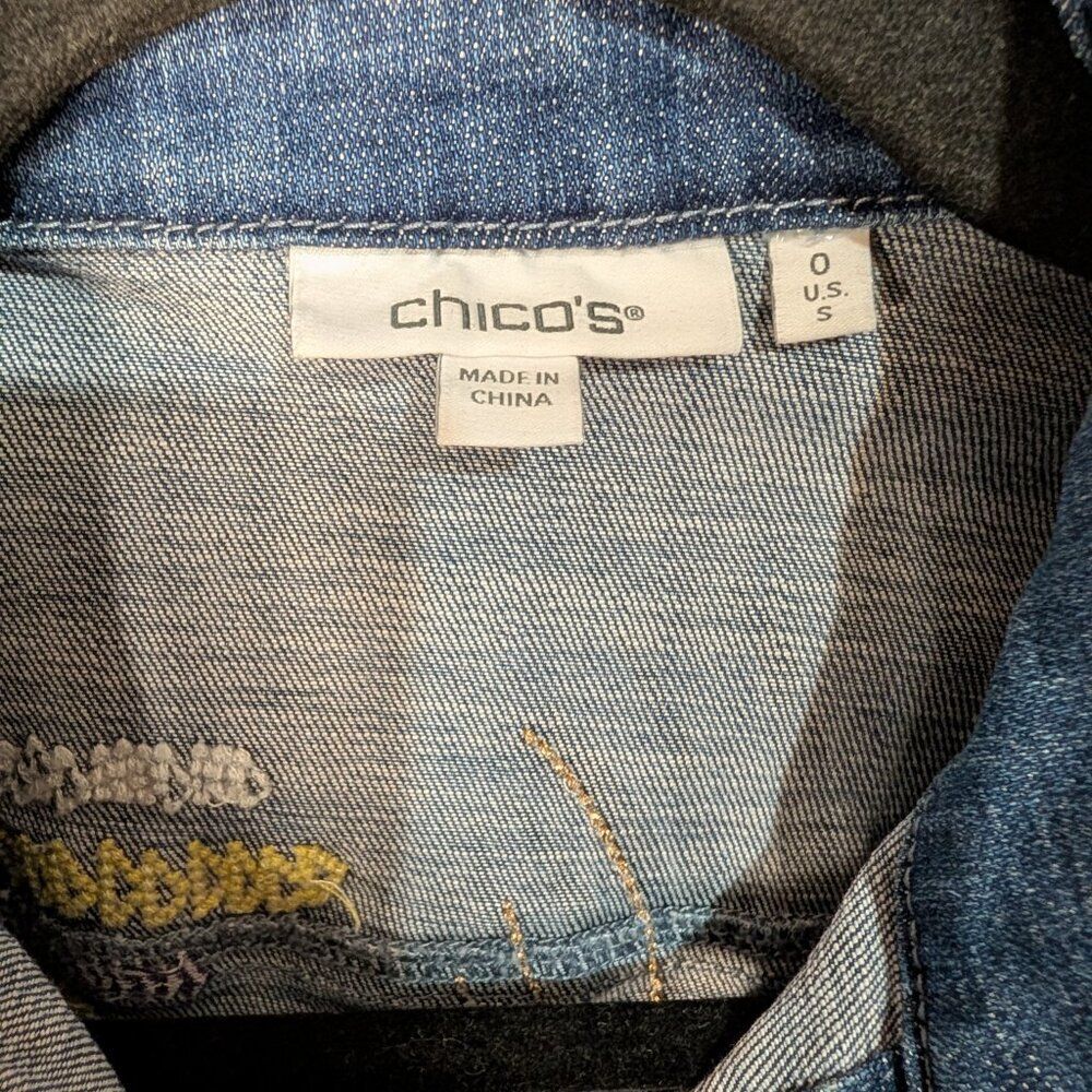 Chico's Tropical Embroidered Denim Jacket Small Blue Floral Boho Jean Coat - Picture 5 of 14